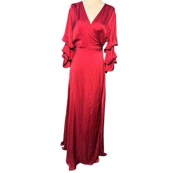 NEW Aakaa Burgundy Ruffle Wrap Maxi Holiday Dress M Long Gown Formal Evening - Picture 3 of 14